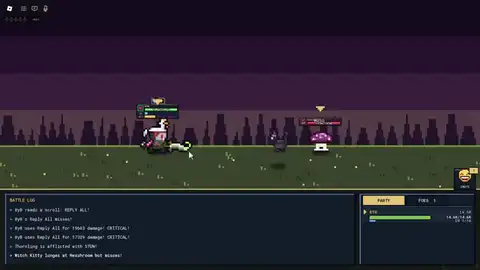 Pixel Lineage turn combat — party bars, battle log, and timing window